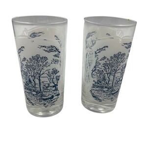 Vintage Etched Drinking Glasses Blue Carriage Ride Covered Bridge Scene 2 Pieces